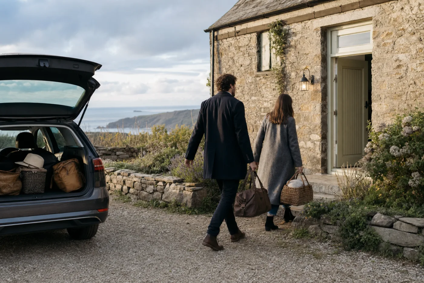 A couple carrying bags to the door of an English stone cottage