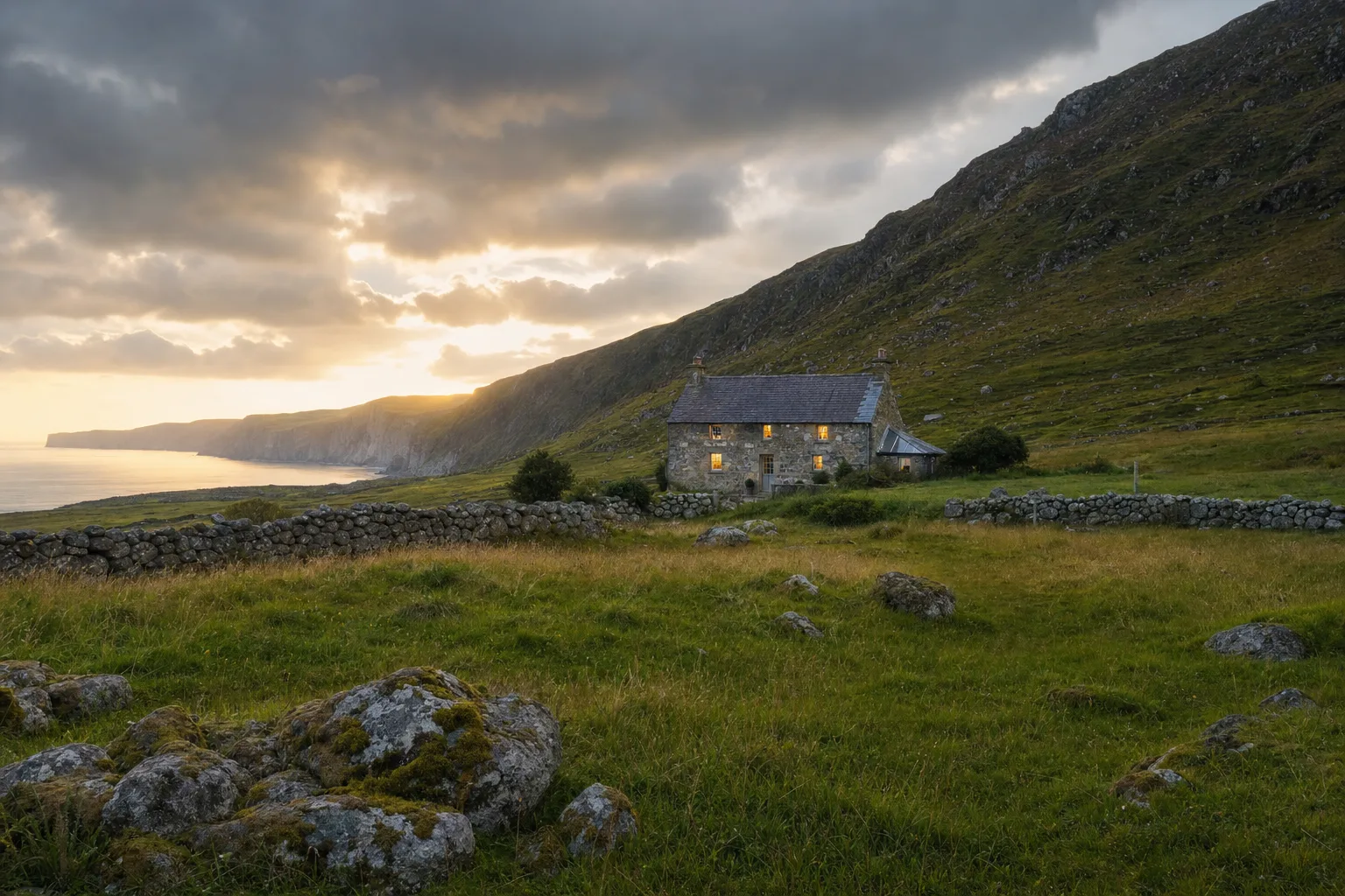 A stone cottage at the end of a green English valley with hills rising behind